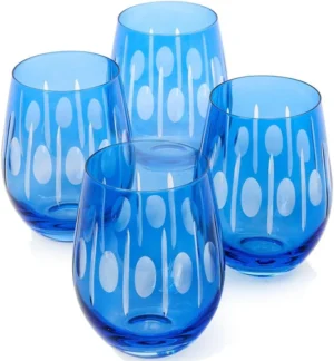 Sparkling Cut Blue Hand Engraved Stemless Wine Glasses