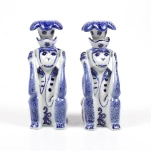 Blue Chinoiserie Monkey Candlestick S/2