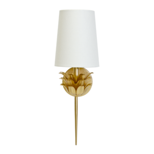 Worlds Away Delilah Sconce with gold leaf botanical motif and white linen shade