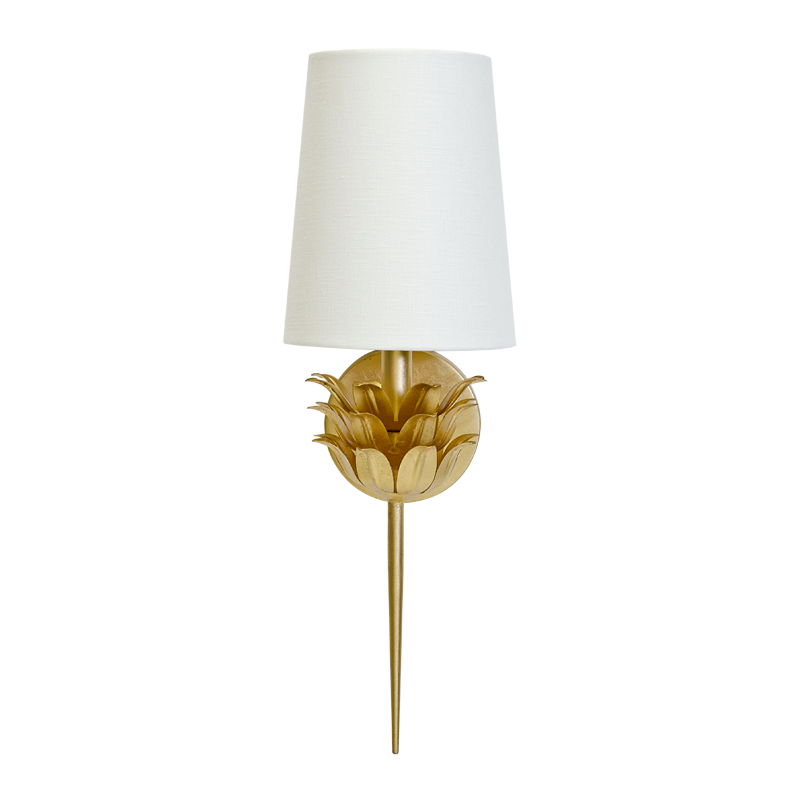 Worlds Away Delilah Sconce with gold leaf botanical motif and white linen shade